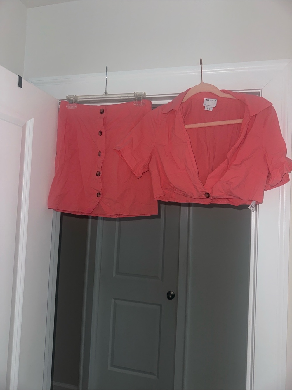 Coral Two-Piece Crop Top & Button Skirt Set